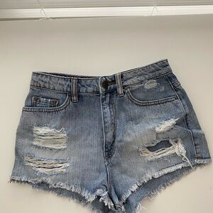 BDG Blue High-Waisted Jean Shorts with Distressed Details